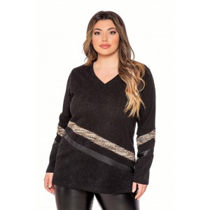 Knitted blouse in V with knitted stripes and leather